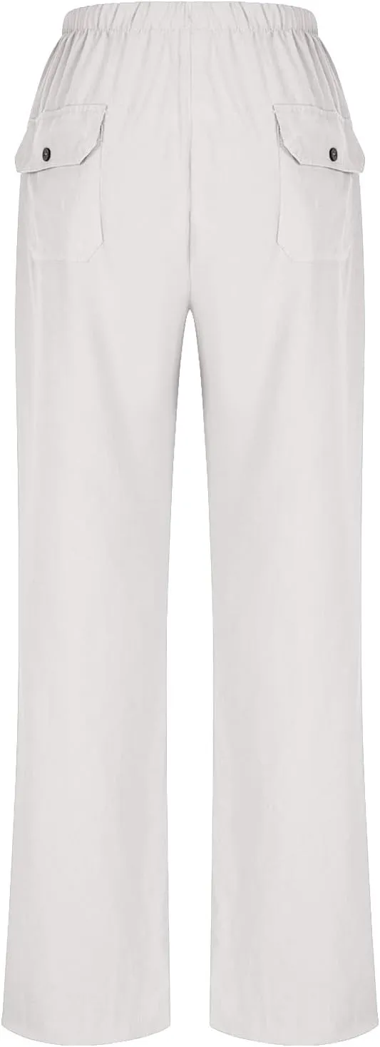 Lmdudan Plus Size Women Linen Pants Wide Leg Palazzo Pant Cotton Linen Drawstring Summer Lightweight Trousers with Pockets