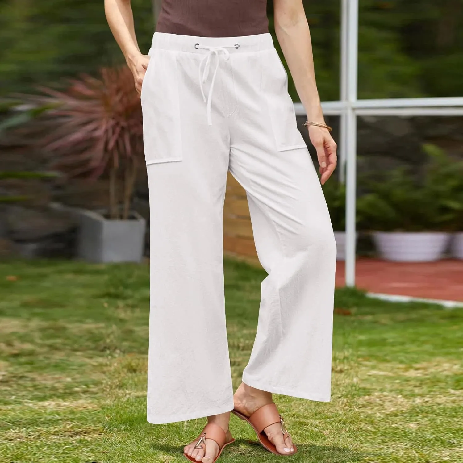 Lmdudan Plus Size Women Linen Pants Wide Leg Palazzo Pant Cotton Linen Drawstring Summer Lightweight Trousers with Pockets