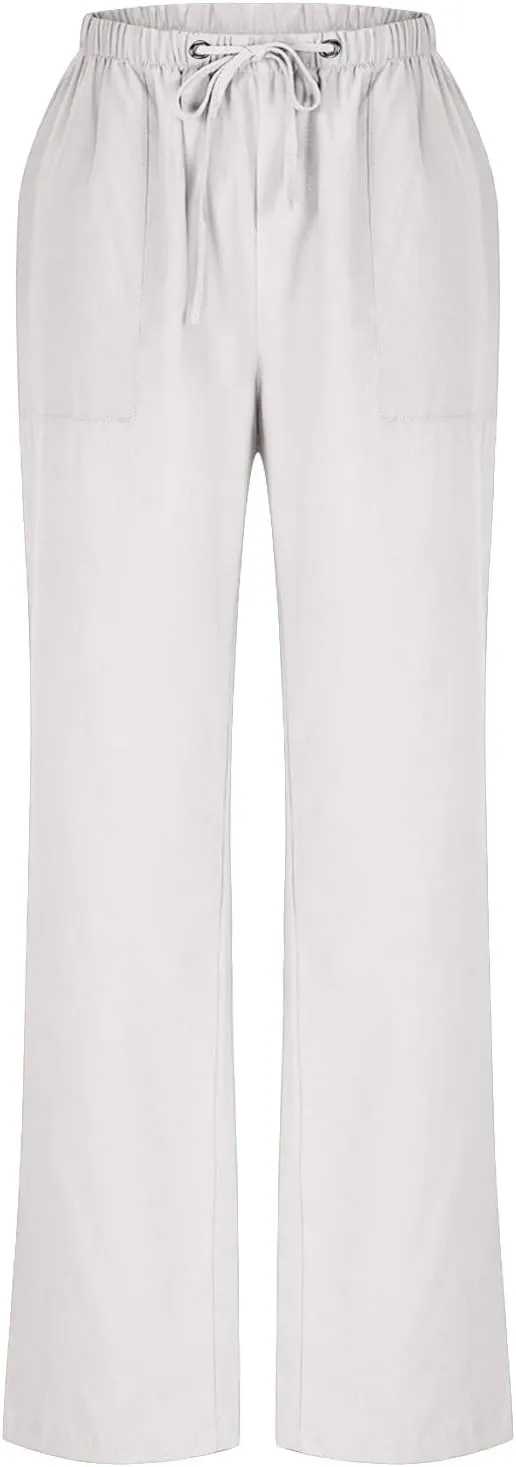 Lmdudan Plus Size Women Linen Pants Wide Leg Palazzo Pant Cotton Linen Drawstring Summer Lightweight Trousers with Pockets