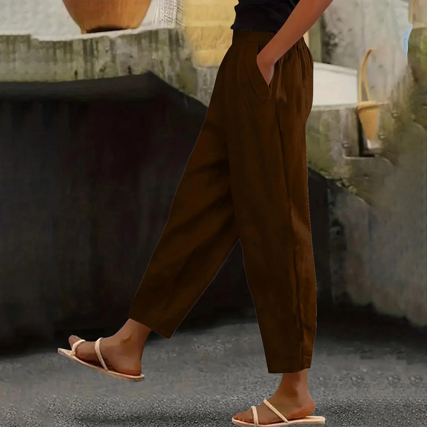 Lmdudan Women Cotton Linen Pants Elastic Waist Straight Leg Casual Pant 2025 Summer Lightweight Trousers Vacation Outfits