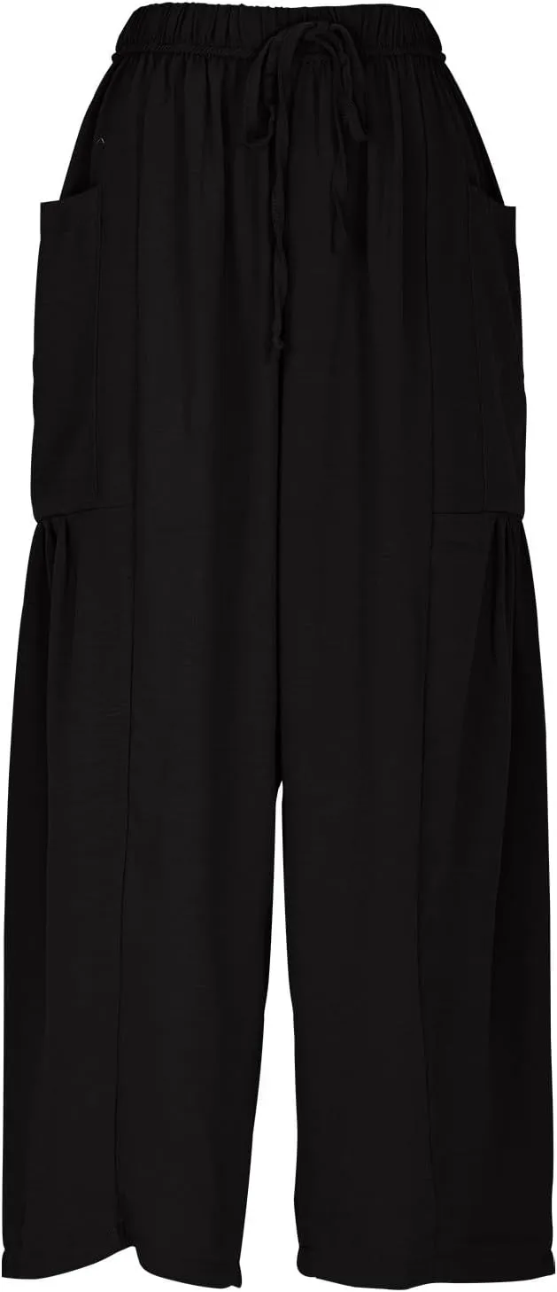 Lmdudan Women Linen Pants Casual Elastic Waist Wide Leg Boho Pants Loose Lightweight Beach Palazzo Pants with Pockets