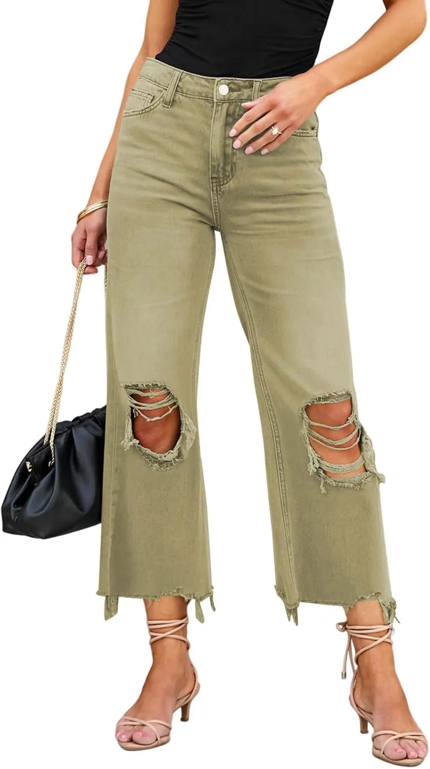 LOLONG High Waisted Ripped Flare Jeans for Women Casual Distressed Pants