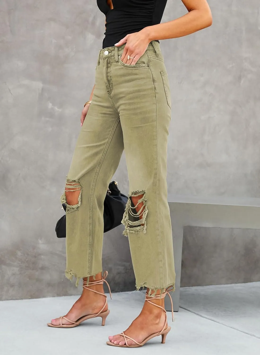 LOLONG High Waisted Ripped Flare Jeans for Women Casual Distressed Pants
