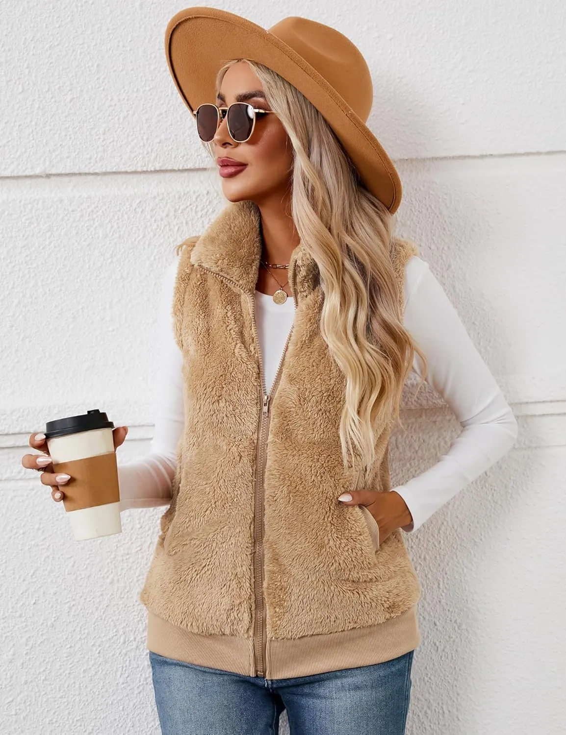 LOMON Womens Fuzzy Fleece Vest, Casual Warm Sleeveless Zip Up Sherpa Vest Jacket with Pockets for Fall/Winter