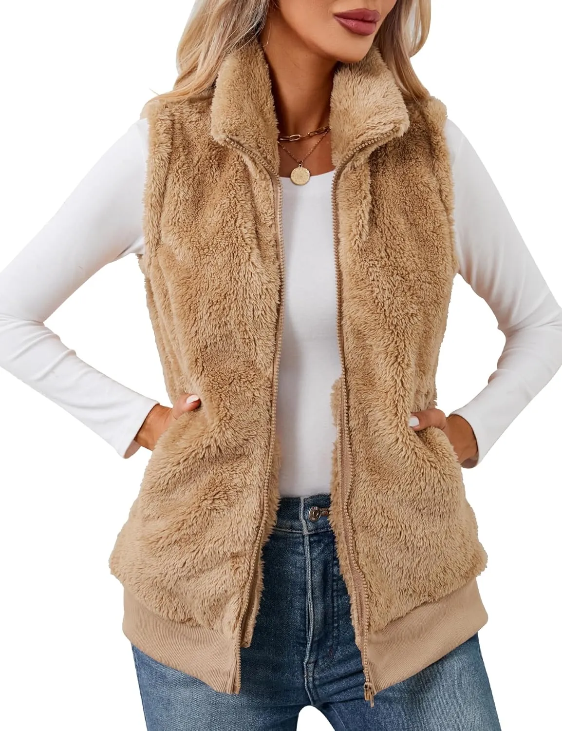 LOMON Womens Fuzzy Fleece Vest, Casual Warm Sleeveless Zip Up Sherpa Vest Jacket with Pockets for Fall/Winter