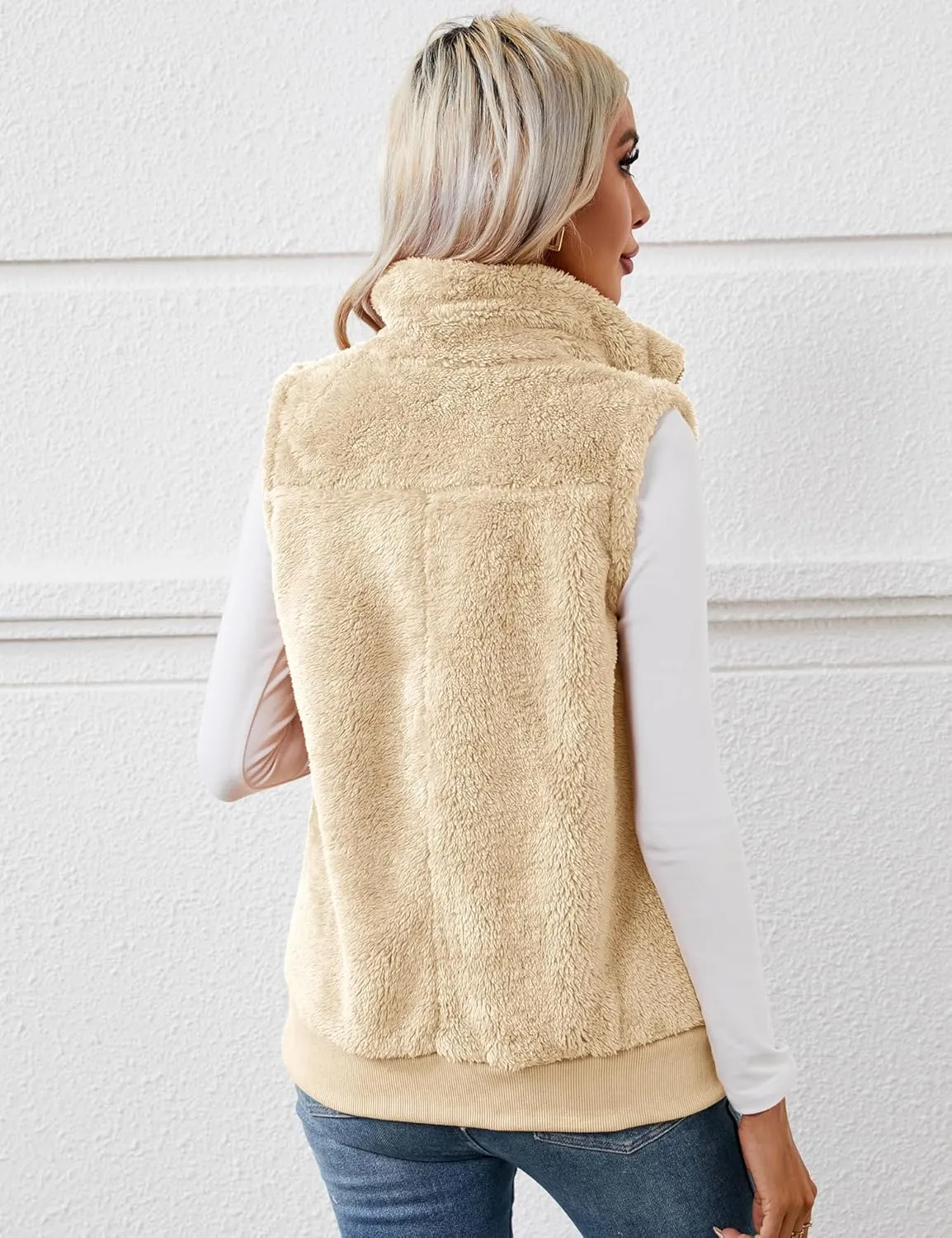 LOMON Womens Fuzzy Fleece Vest, Casual Warm Sleeveless Zip Up Sherpa Vest Jacket with Pockets for Fall/Winter
