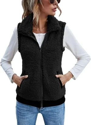 LOMON Womens Fuzzy Fleece Vest, Casual Warm Sleeveless Zip Up Sherpa Vest Jacket with Pockets for Fall/Winter