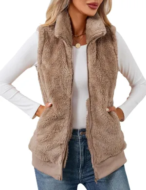LOMON Womens Fuzzy Fleece Vest, Casual Warm Sleeveless Zip Up Sherpa Vest Jacket with Pockets for Fall/Winter