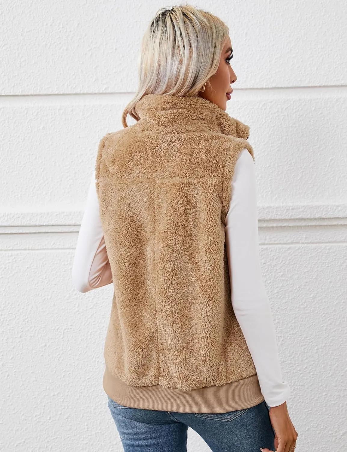 LOMON Womens Fuzzy Fleece Vest, Casual Warm Sleeveless Zip Up Sherpa Vest Jacket with Pockets for Fall/Winter