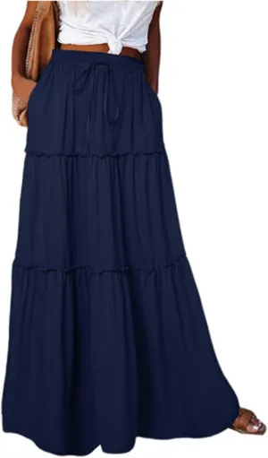 Long Flowy Skirts for Women Smocked High Waisted Maxi Skirt with Pockets Boho Ruffle Tiered Beach A Line Skirt