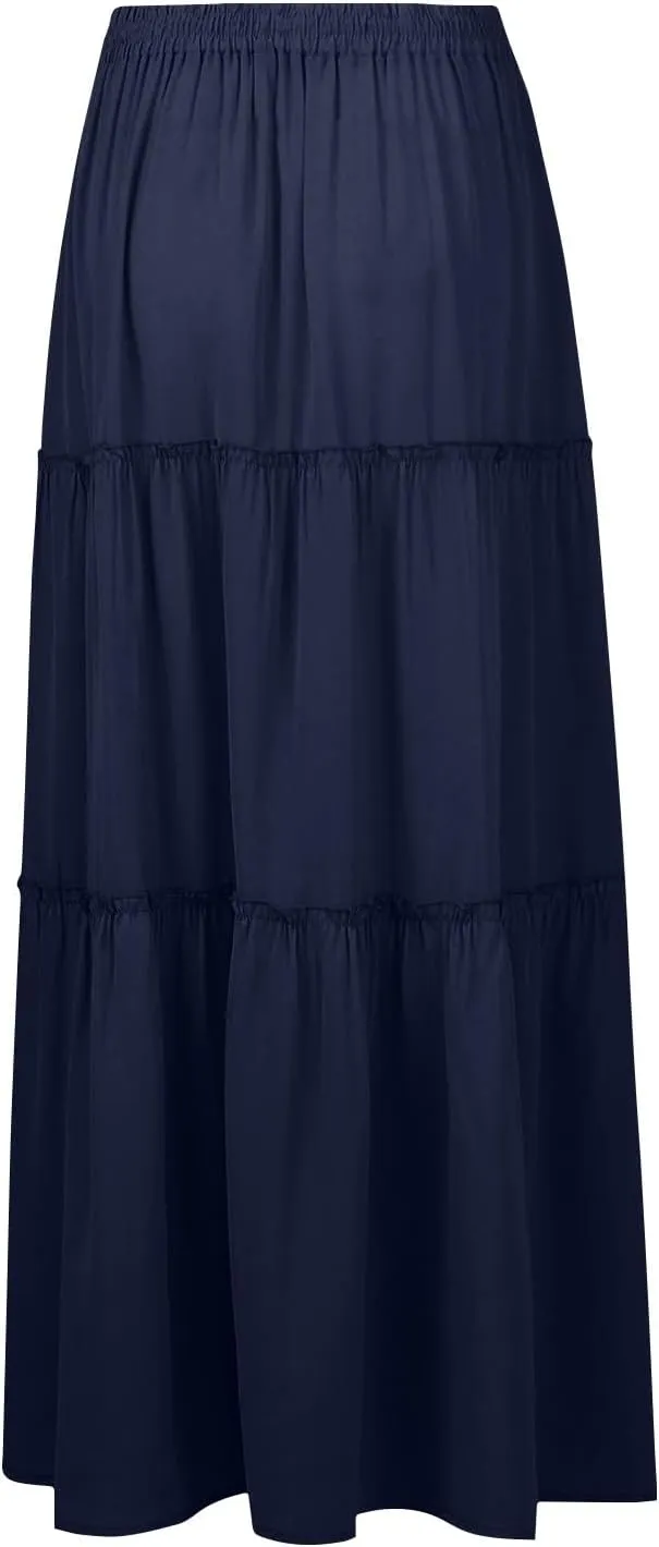 Long Flowy Skirts for Women Smocked High Waisted Maxi Skirt with Pockets Boho Ruffle Tiered Beach A Line Skirt