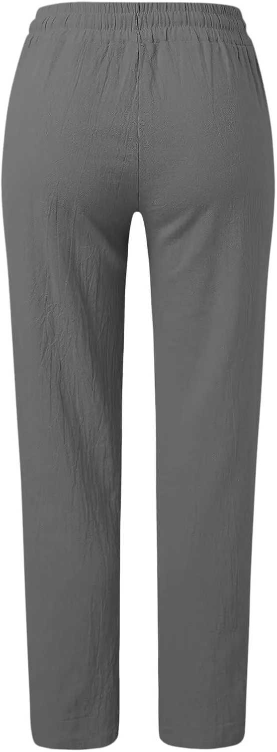 Long Lounge Pants for Women Drawstring Straight Leg Casual Pant Cotton Linen Cropped Pant Elastic Yoga Trousers with Pocket