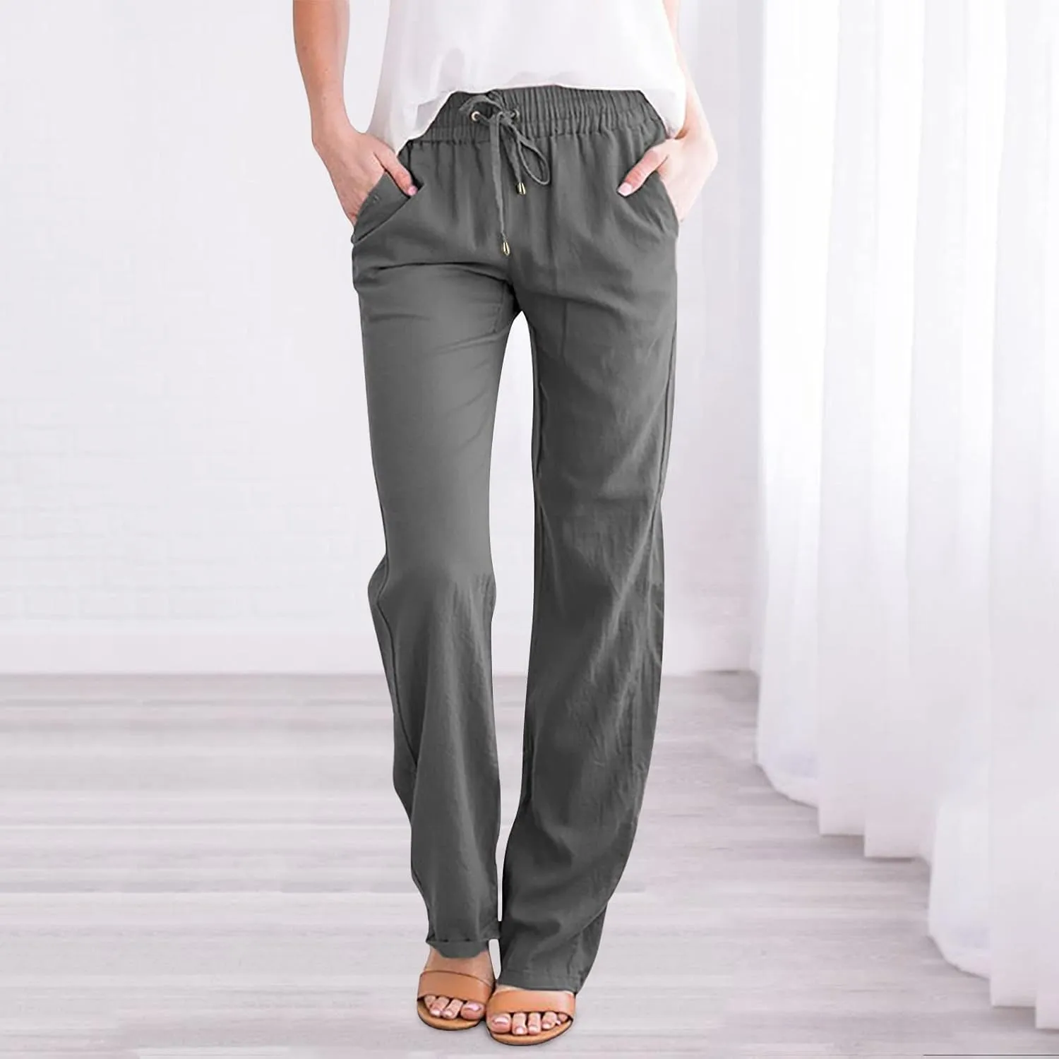 Long Lounge Pants for Women Drawstring Straight Leg Casual Pant Cotton Linen Cropped Pant Elastic Yoga Trousers with Pocket