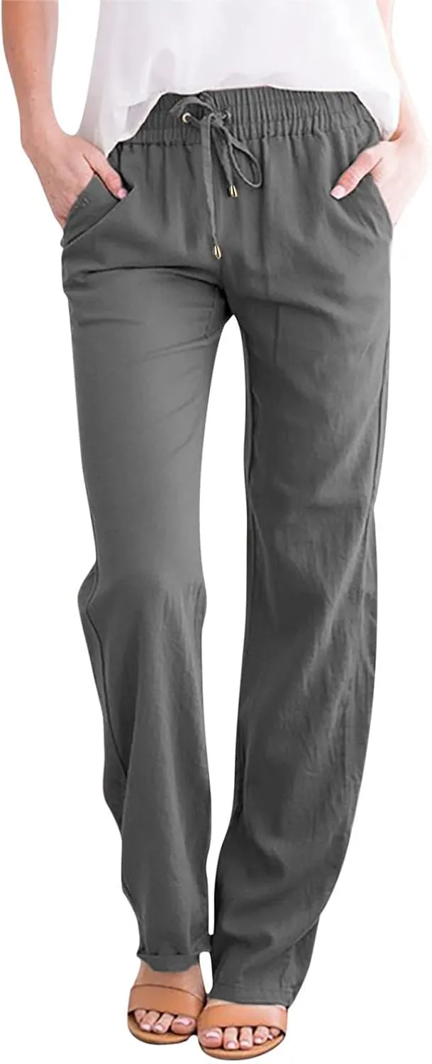 Long Lounge Pants for Women Drawstring Straight Leg Casual Pant Cotton Linen Cropped Pant Elastic Yoga Trousers with Pocket