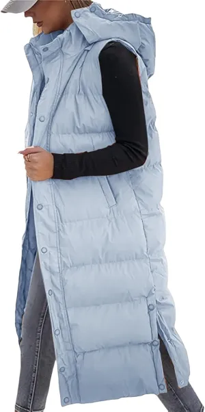 Long Puffer Vest Women Winter Warm Hooded Down Vest Oversized Sleveless Quilted Puffy Jacket Zipper Cotton Padded Coat