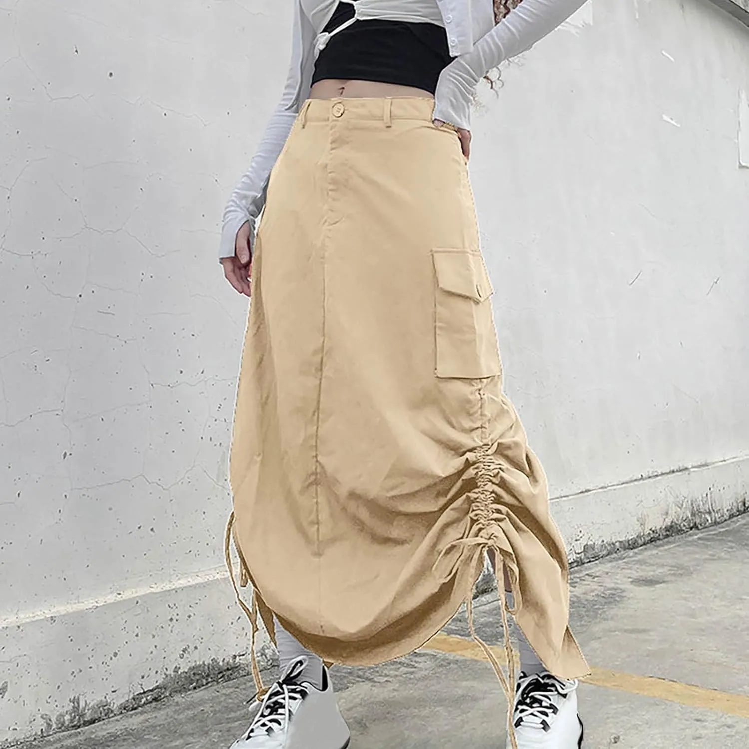 Long Skirts for Women Fall Casual Loose Fit High Waist Cargo Skirt Fashion Zipper A-Line Midi Skirts with Pockets