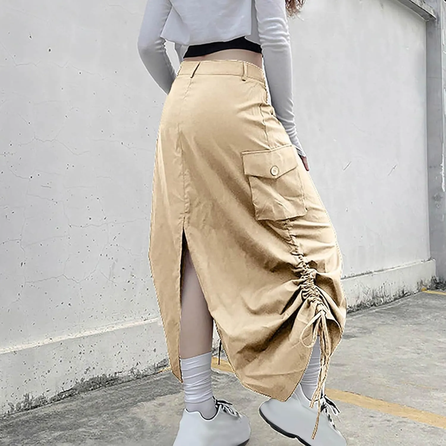 Long Skirts for Women Fall Casual Loose Fit High Waist Cargo Skirt Fashion Zipper A-Line Midi Skirts with Pockets
