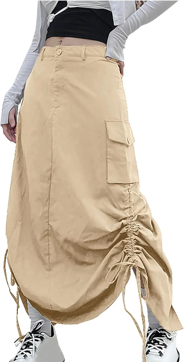 Long Skirts for Women Fall Casual Loose Fit High Waist Cargo Skirt Fashion Zipper A-Line Midi Skirts with Pockets