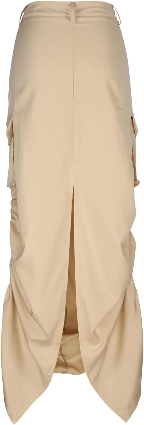 Long Skirts for Women Fall Casual Loose Fit High Waist Cargo Skirt Fashion Zipper A-Line Midi Skirts with Pockets