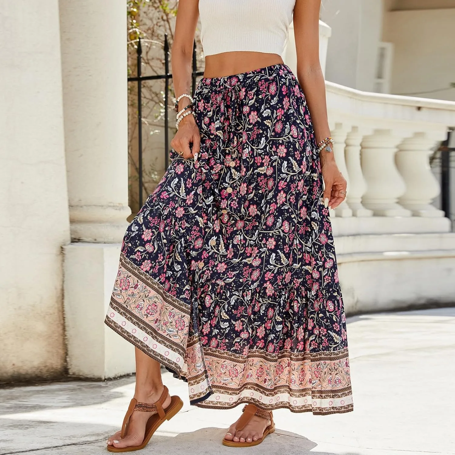 Long Skirts for Women Floral Boho Beach Flowy Tiered Maxi Skirt Drawstring High Waisted Skirts A Line Midi Skirt