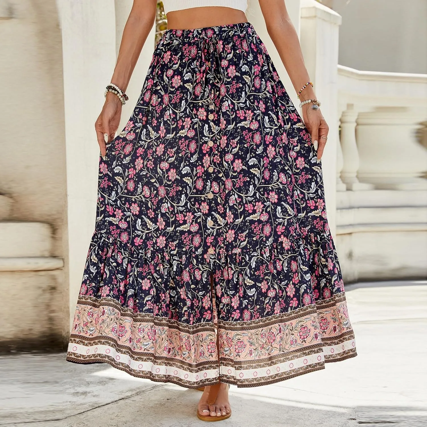 Long Skirts for Women Floral Boho Beach Flowy Tiered Maxi Skirt Drawstring High Waisted Skirts A Line Midi Skirt