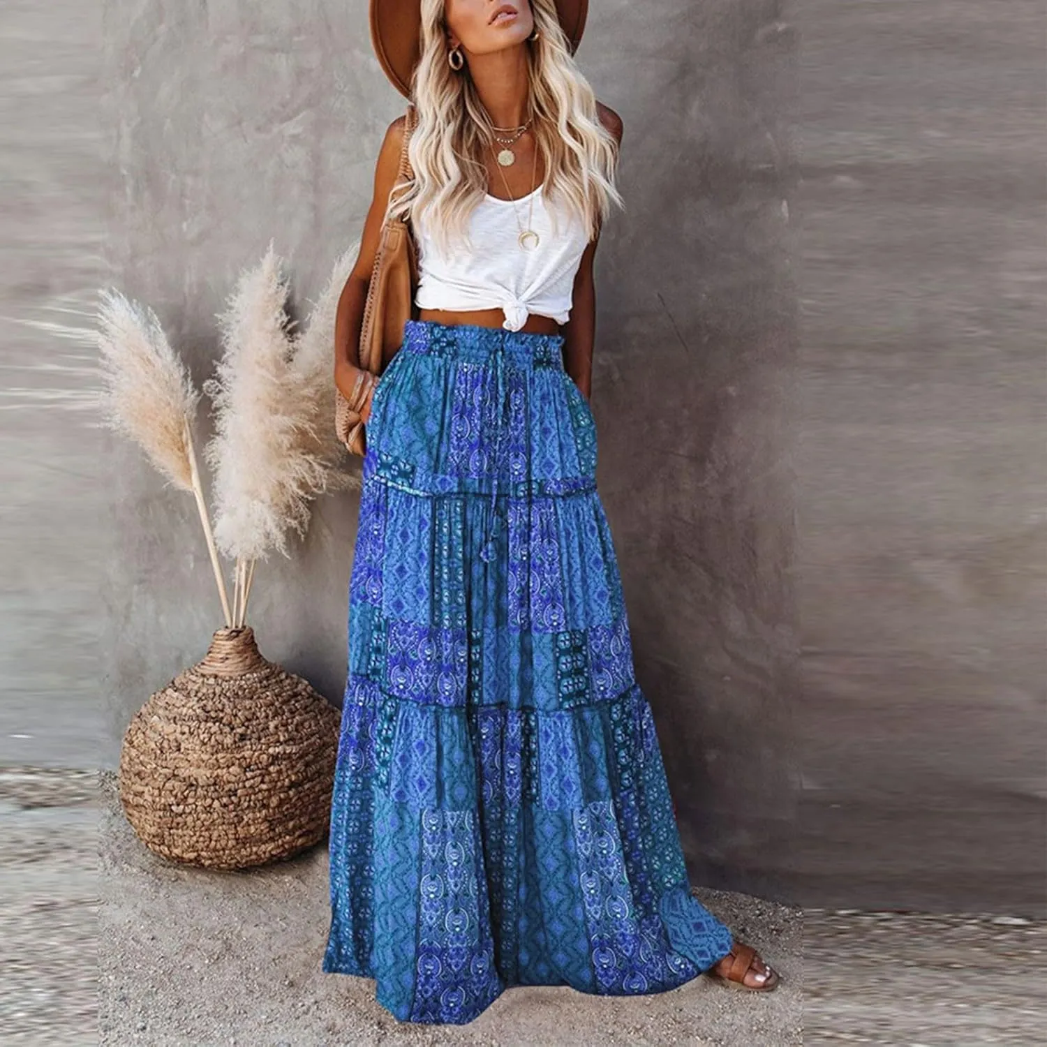 Long Skirts for Women Floral Maxi Skirt with Pockets Beach Flowy Midi Boho Skirt Casual Pleated High Waisted Skirts