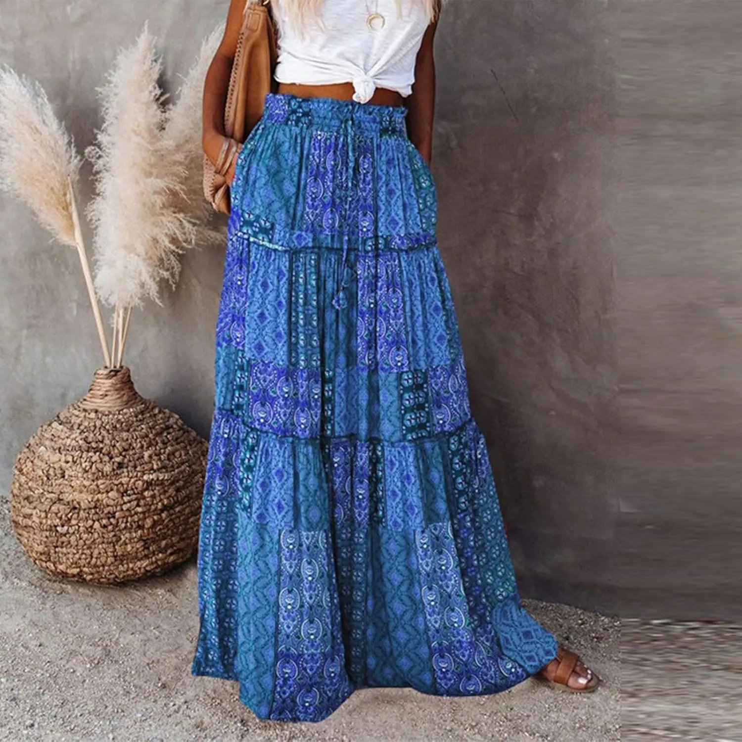 Long Skirts for Women Floral Maxi Skirt with Pockets Beach Flowy Midi Boho Skirt Casual Pleated High Waisted Skirts