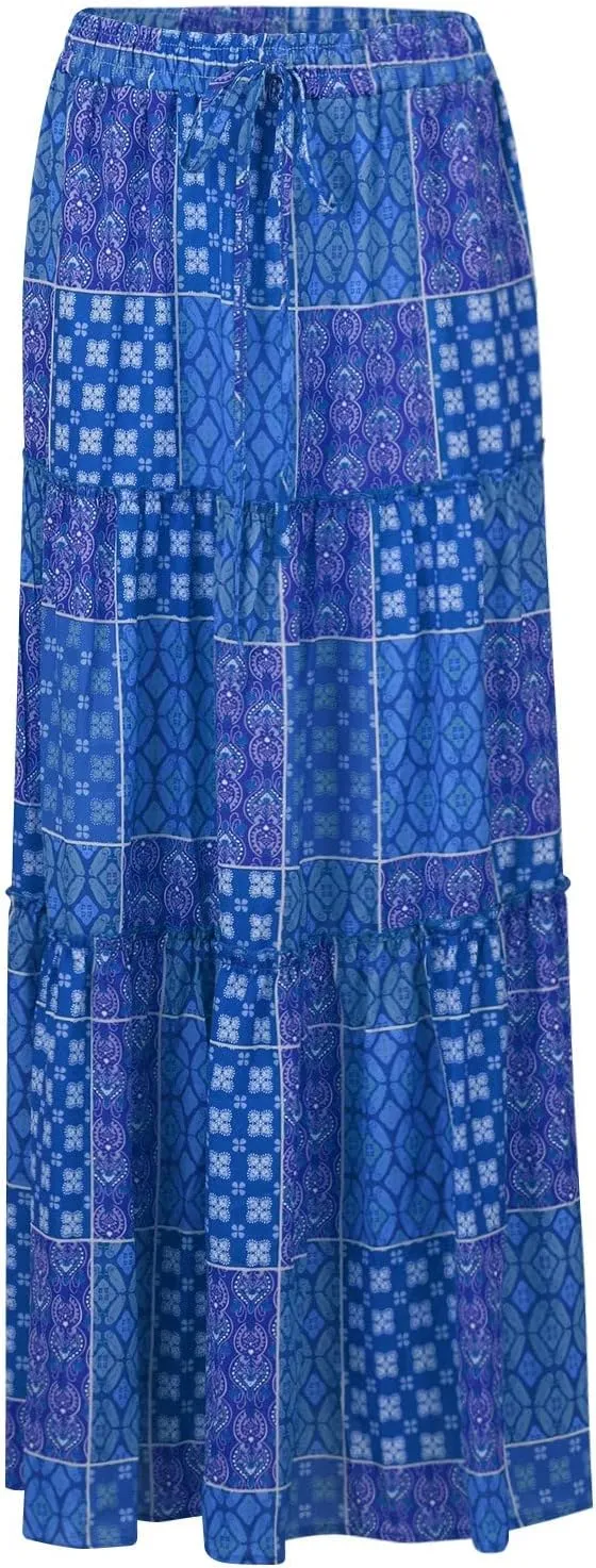 Long Skirts for Women Floral Maxi Skirt with Pockets Beach Flowy Midi Boho Skirt Casual Pleated High Waisted Skirts