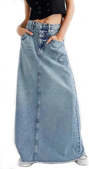 Long Skirts for Women Hip-Wrapped Buttons Denim Skirt A-Line Maxi Jean Skirts Trendy Slim Jeans Skirt with Pocket