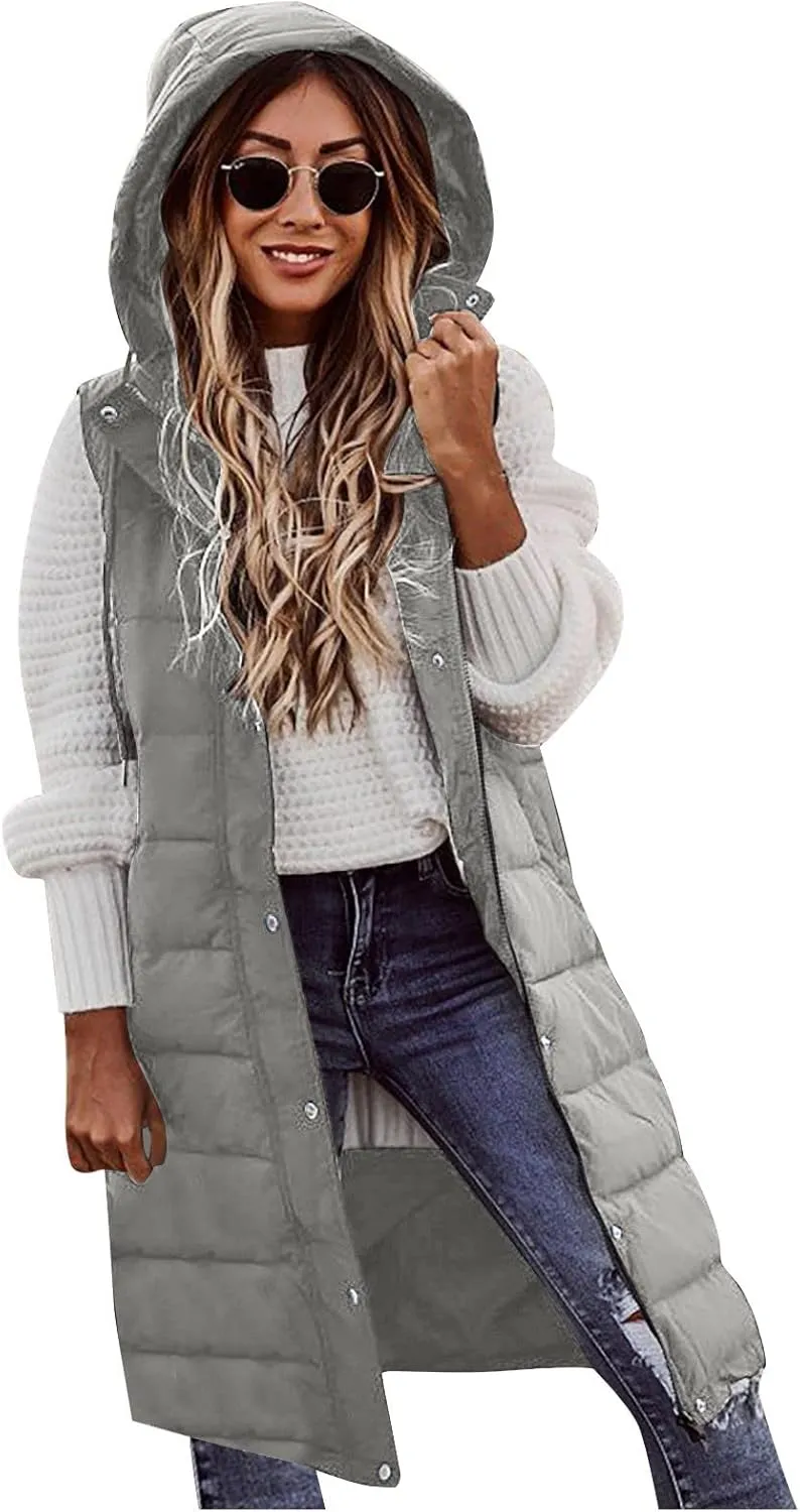 Long Vest for Women Sleeveless Women's Long Puffer Vest Winter Quilted Hooded Sleeveless Zip Up Button Long Jacket Vest