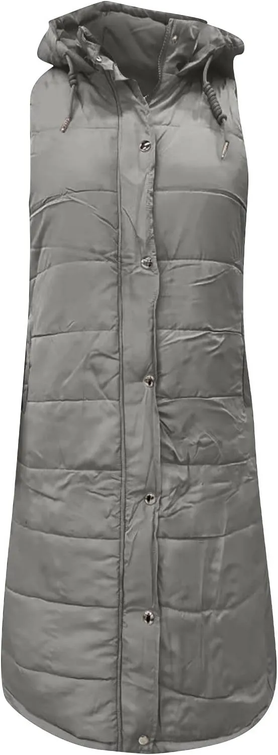 Long Vest for Women Sleeveless Women's Long Puffer Vest Winter Quilted Hooded Sleeveless Zip Up Button Long Jacket Vest