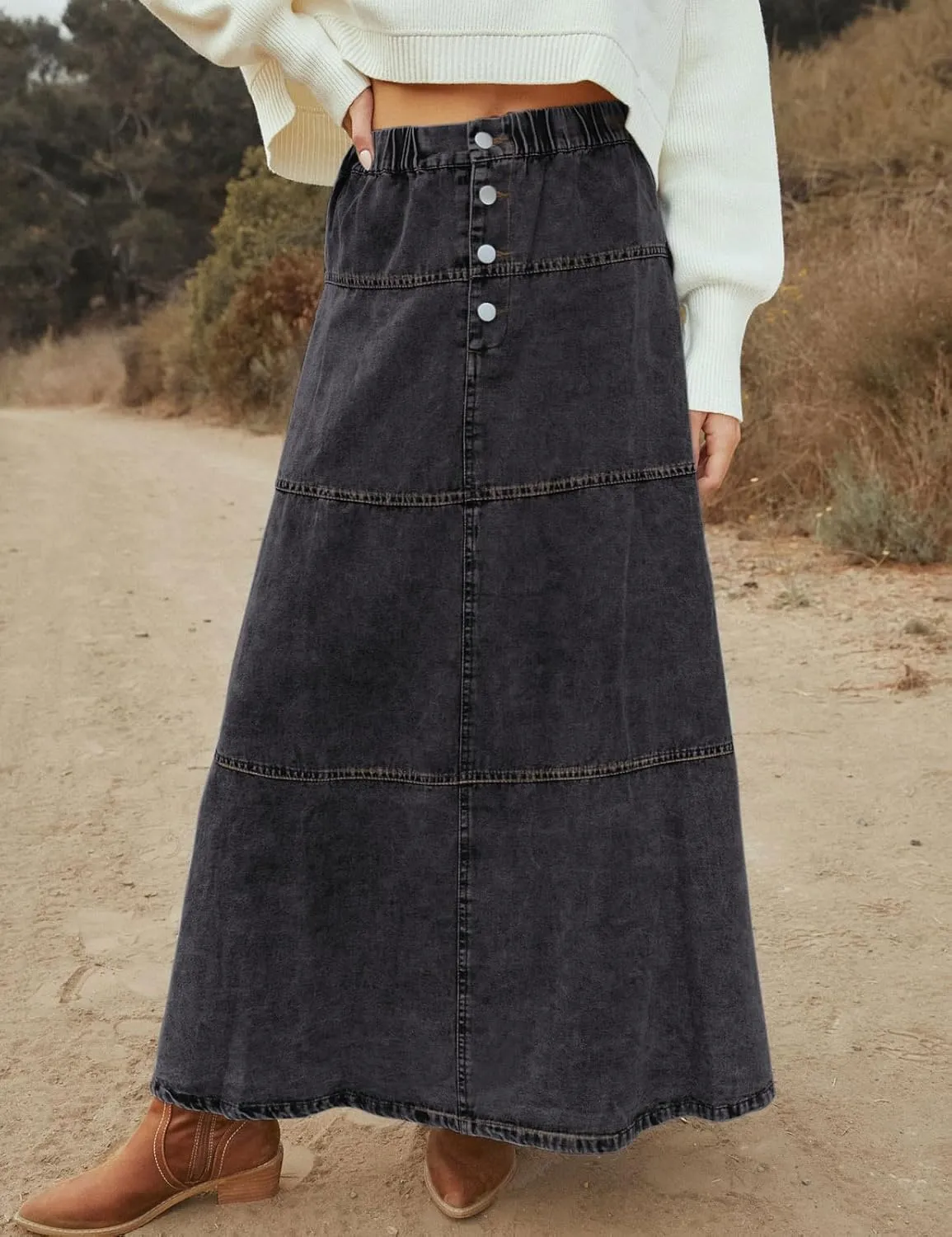 loveimgs Women Casual Denim Maxi Skirt Elastic High Waist Tiered A Line Long Jean Skirt Y2k Western Patchwork 2025