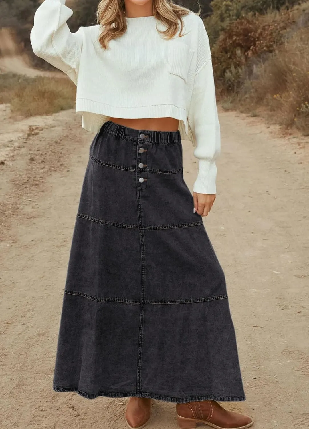 loveimgs Women Casual Denim Maxi Skirt Elastic High Waist Tiered A Line Long Jean Skirt Y2k Western Patchwork 2025