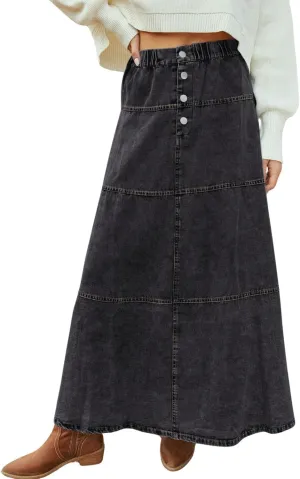 loveimgs Women Casual Denim Maxi Skirt Elastic High Waist Tiered A Line Long Jean Skirt Y2k Western Patchwork 2025