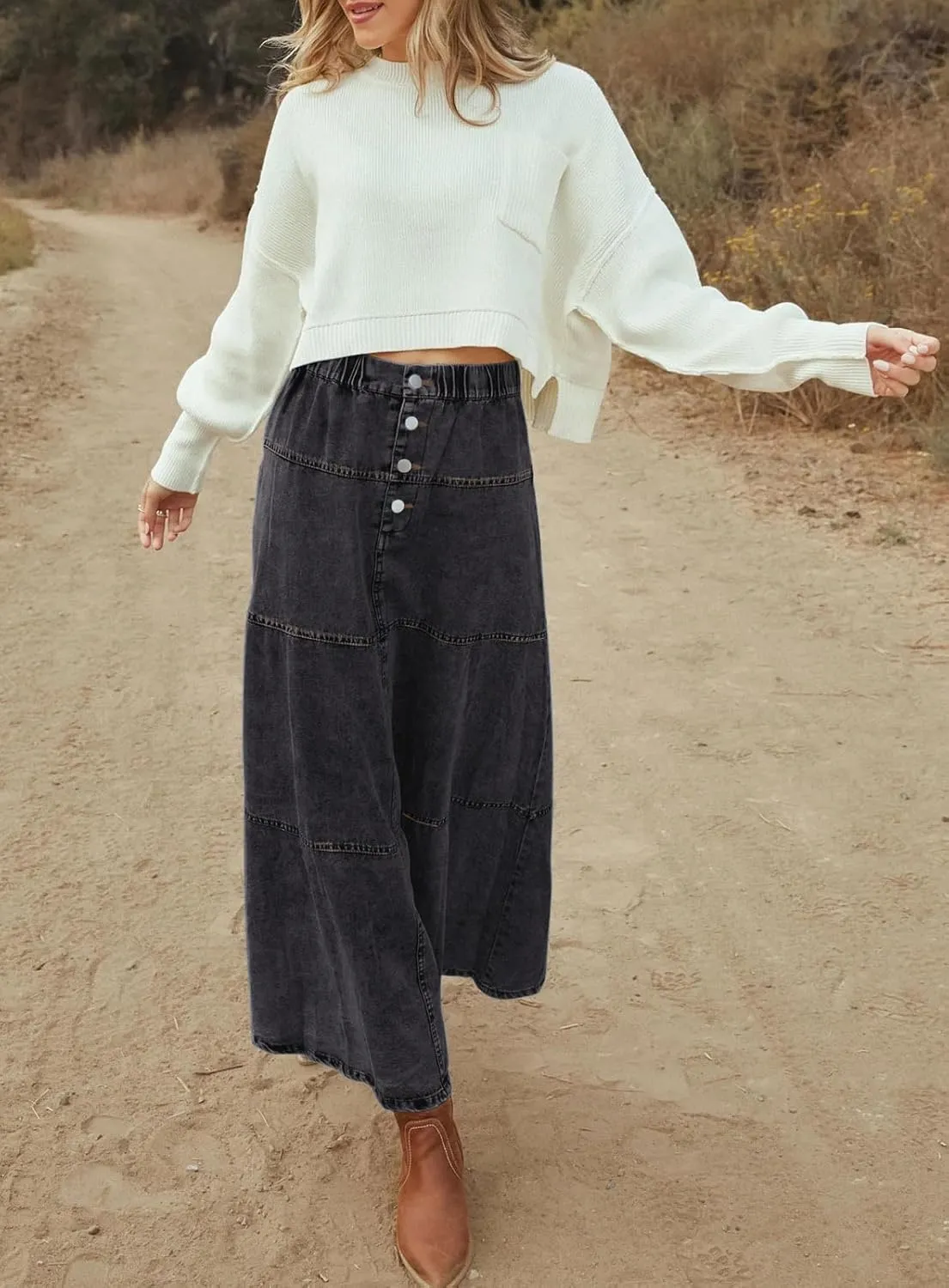 loveimgs Women Casual Denim Maxi Skirt Elastic High Waist Tiered A Line Long Jean Skirt Y2k Western Patchwork 2025