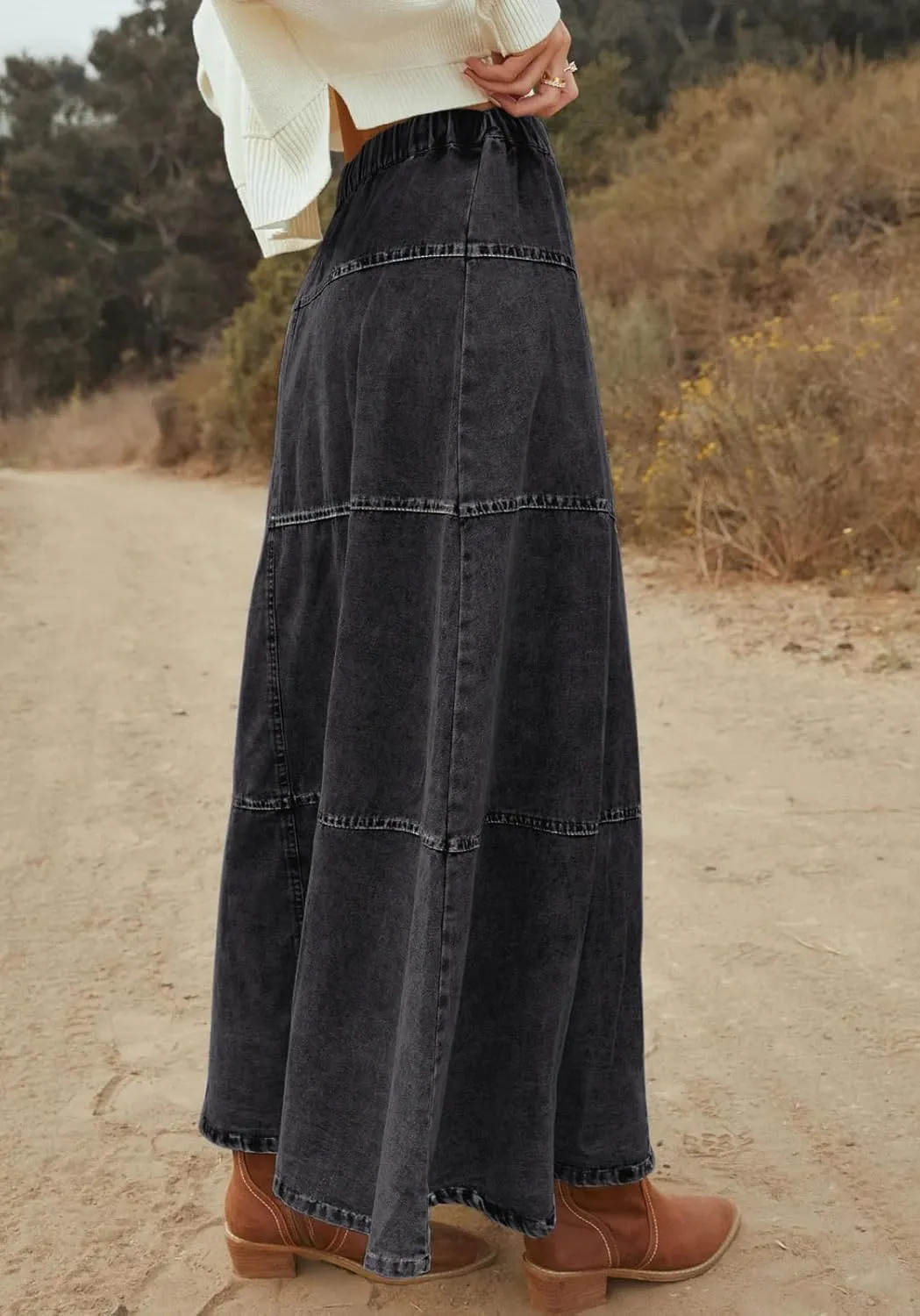 loveimgs Women Casual Denim Maxi Skirt Elastic High Waist Tiered A Line Long Jean Skirt Y2k Western Patchwork 2025