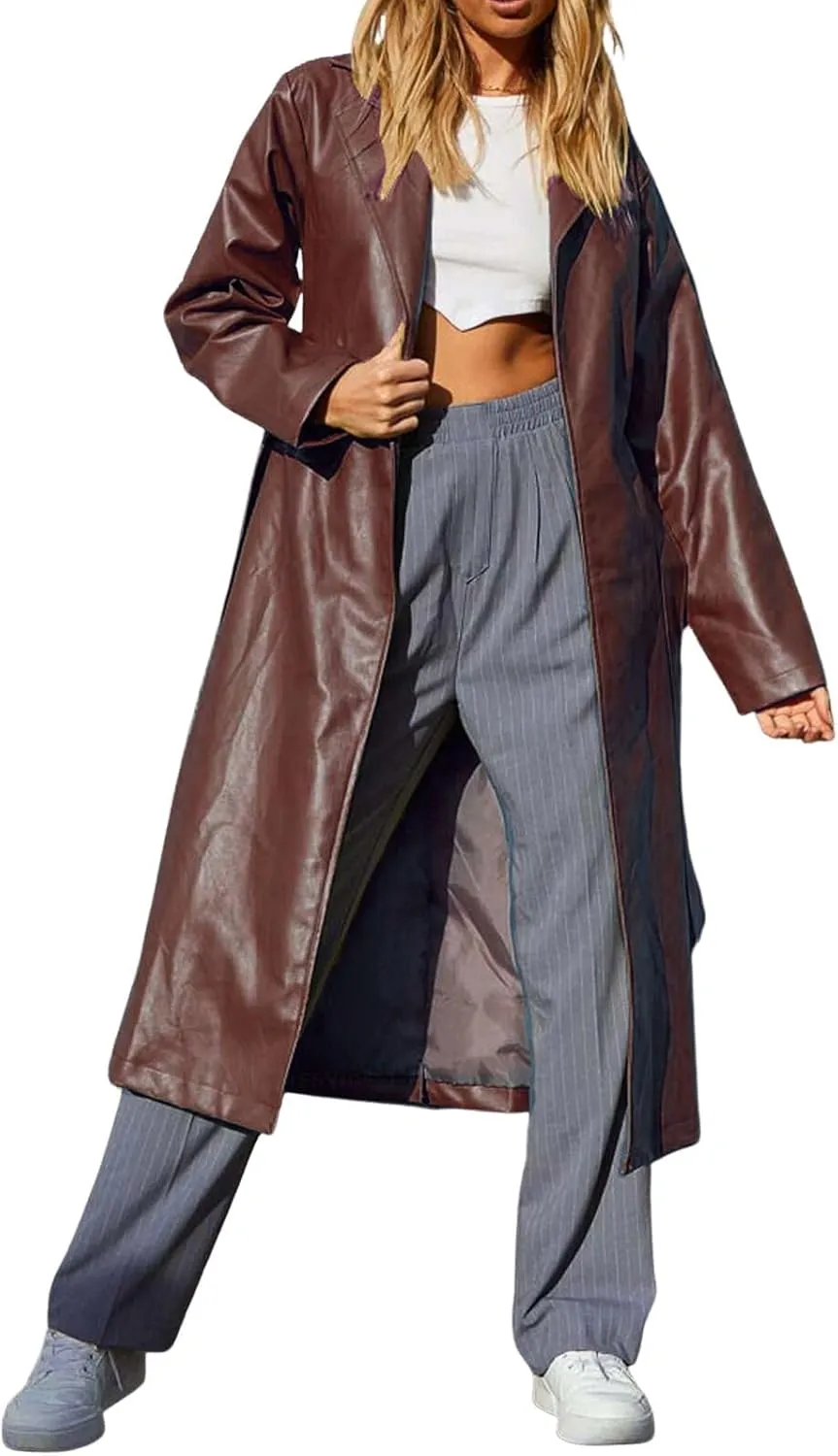 loveimgs Women's Button Down Lapel PU Leather Trench Coat Trendy Full Length Long Sleeve Faux Leather Jacket