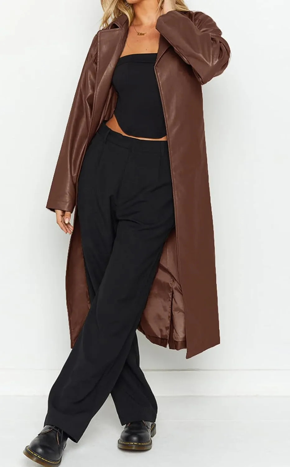 loveimgs Women's Button Down Lapel PU Leather Trench Coat Trendy Full Length Long Sleeve Faux Leather Jacket