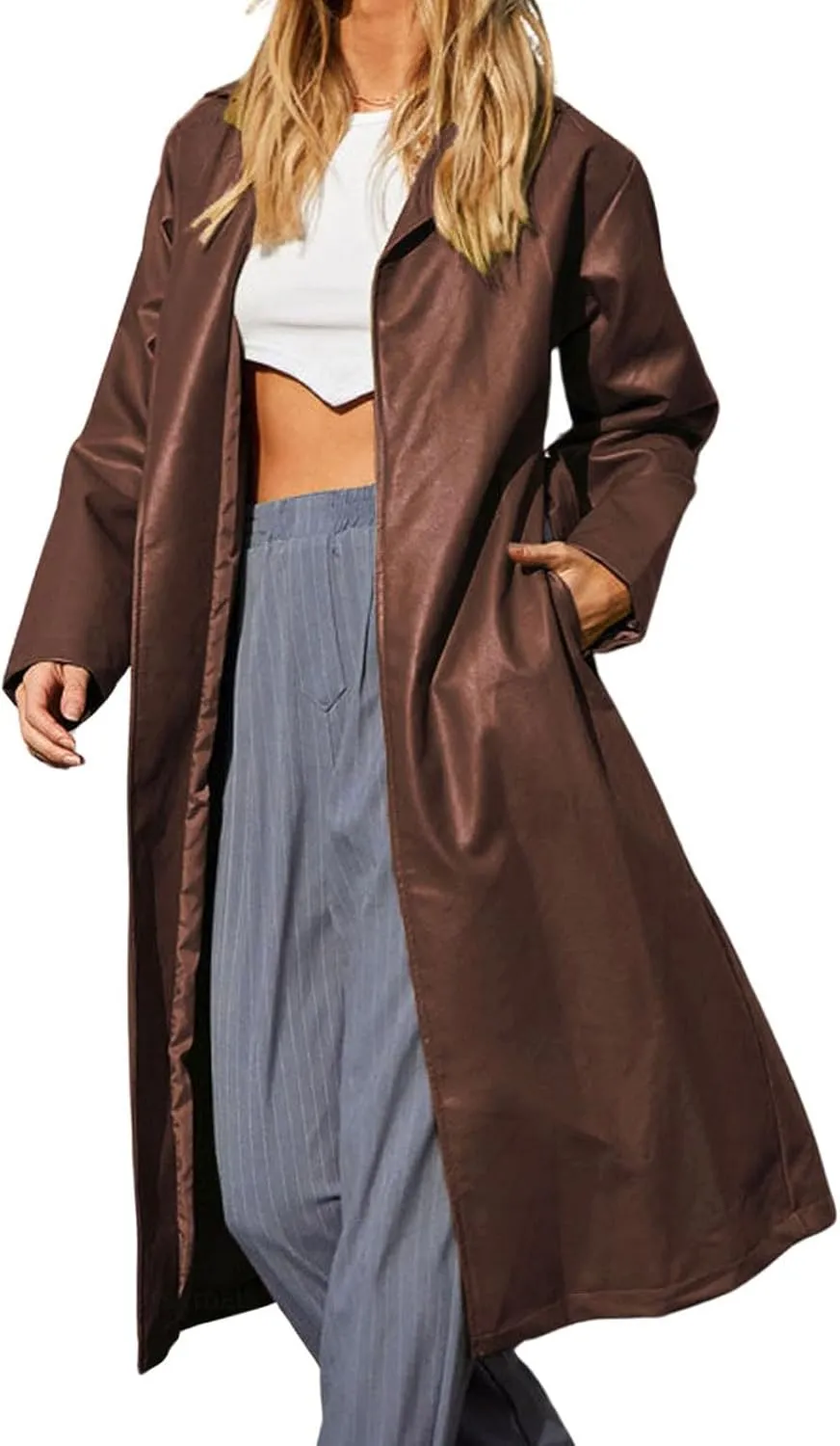 loveimgs Women's Button Down Lapel PU Leather Trench Coat Trendy Full Length Long Sleeve Faux Leather Jacket