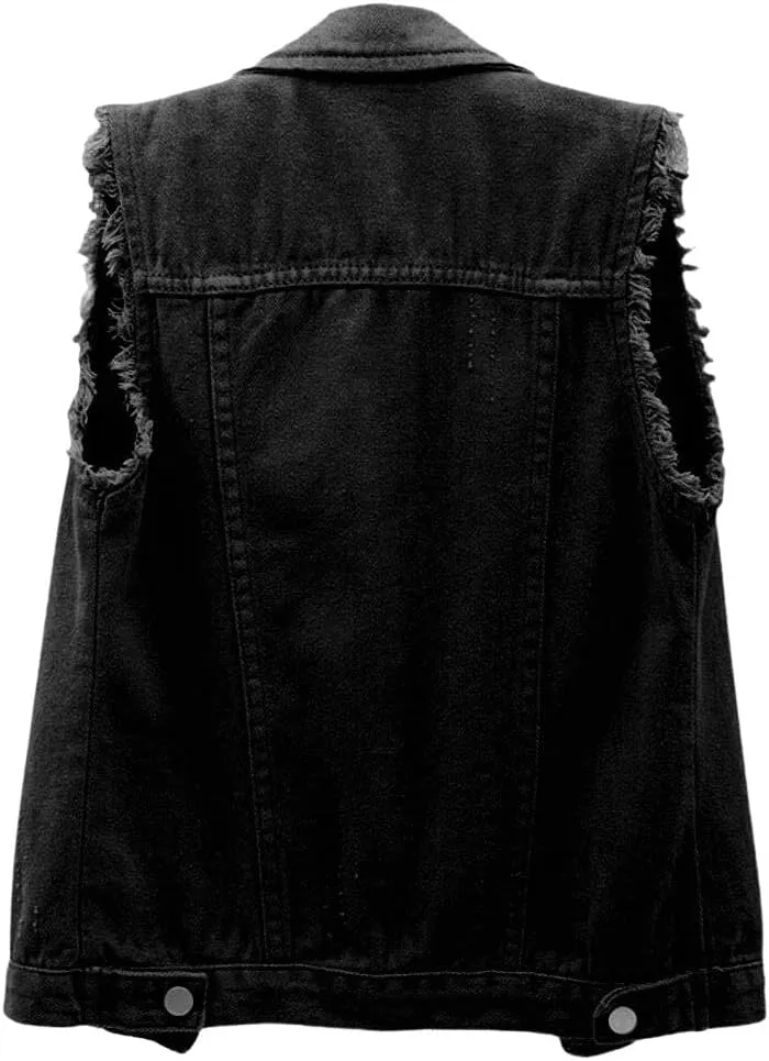 loveimgs Women's Fashion Sleeveless Regular Fit Lightweight Button Front Candy Color Ripped Denim Vest Jacket Pockets