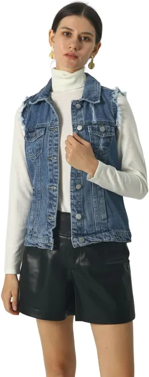 loveimgs Women's Fashion Sleeveless Regular Fit Lightweight Button Front Candy Color Ripped Denim Vest Jacket Pockets