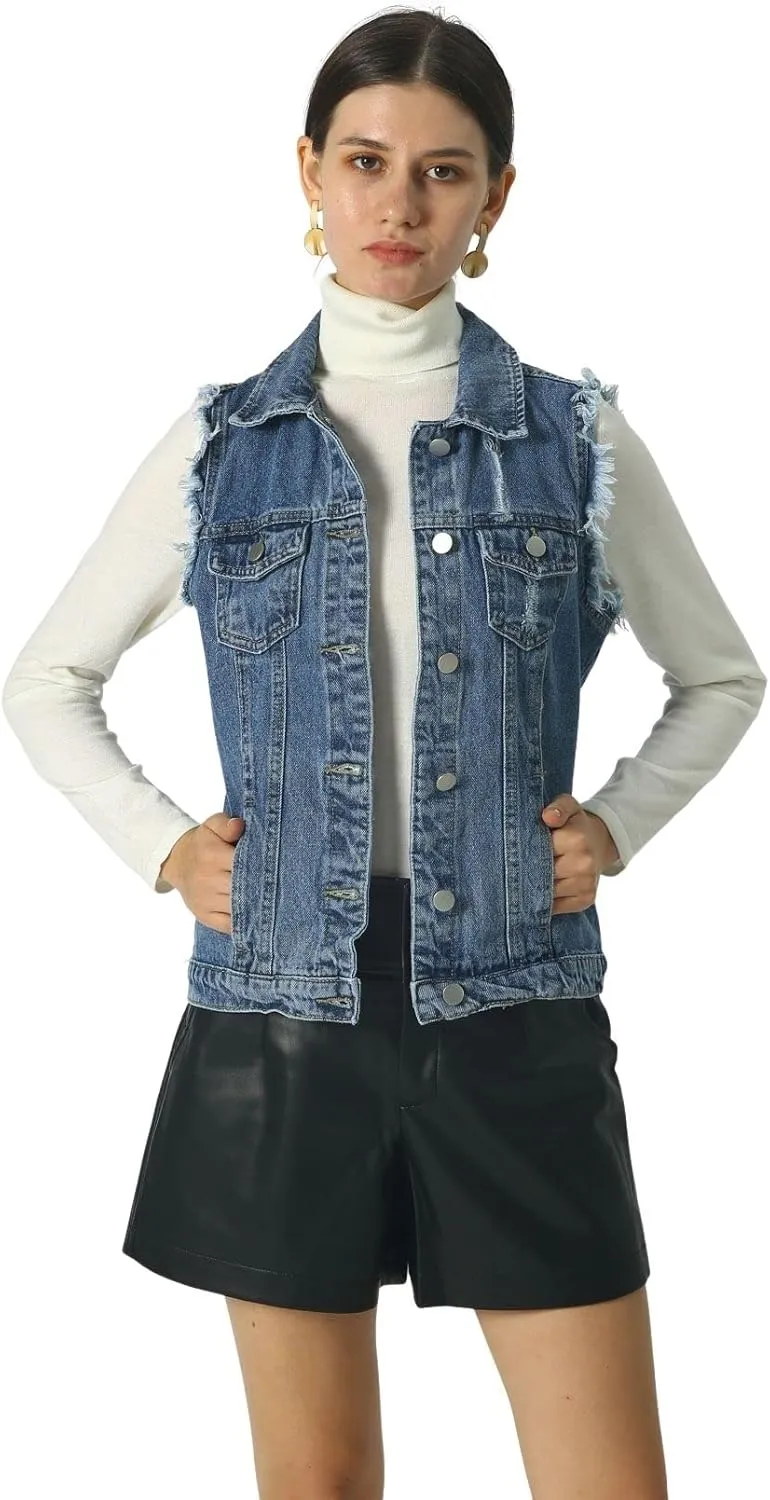 loveimgs Women's Fashion Sleeveless Regular Fit Lightweight Button Front Candy Color Ripped Denim Vest Jacket Pockets
