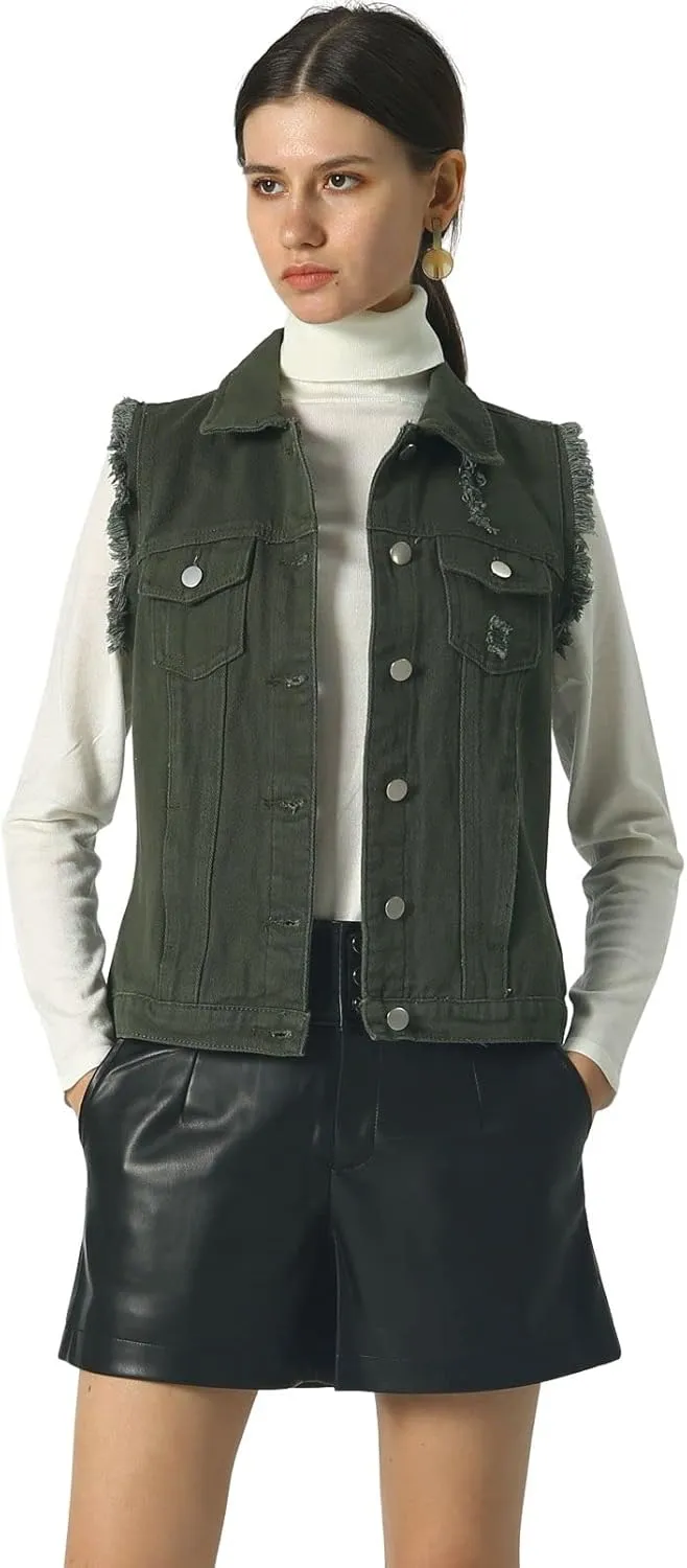 loveimgs Women's Fashion Sleeveless Regular Fit Lightweight Button Front Candy Color Ripped Denim Vest Jacket Pockets