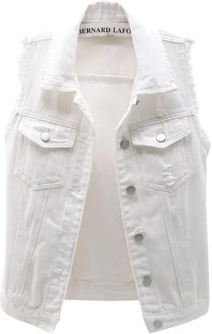loveimgs Women's Fashion Sleeveless Regular Fit Lightweight Button Front Candy Color Ripped Denim Vest Jacket Pockets