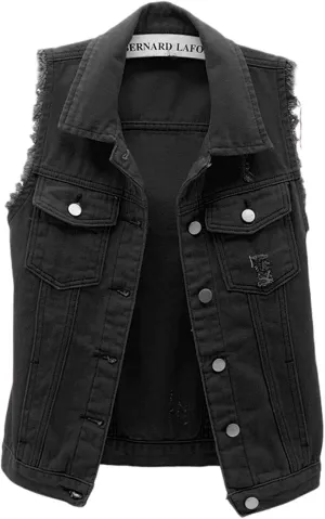 loveimgs Women's Fashion Sleeveless Regular Fit Lightweight Button Front Candy Color Ripped Denim Vest Jacket Pockets