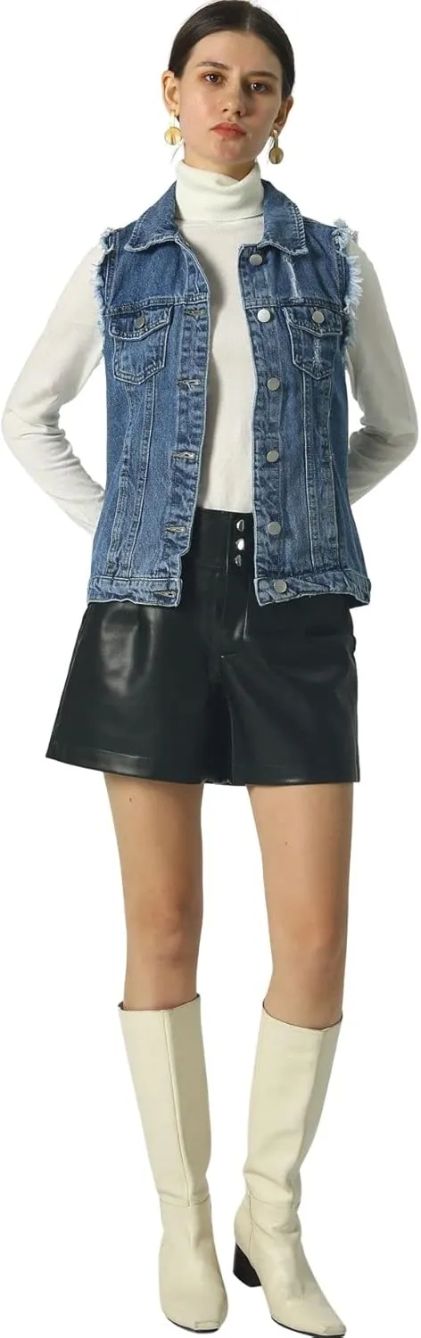 loveimgs Women's Fashion Sleeveless Regular Fit Lightweight Button Front Candy Color Ripped Denim Vest Jacket Pockets