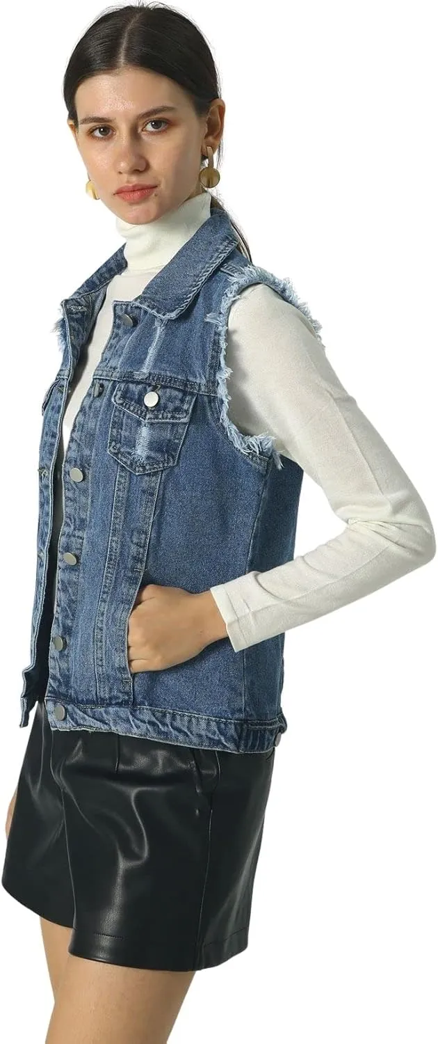 loveimgs Women's Fashion Sleeveless Regular Fit Lightweight Button Front Candy Color Ripped Denim Vest Jacket Pockets