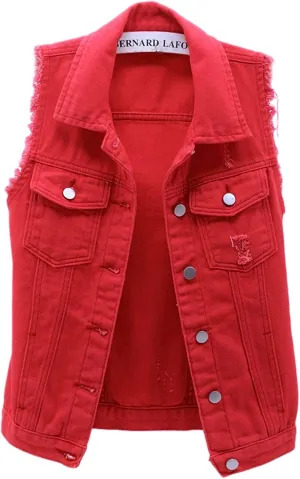 loveimgs Women's Fashion Sleeveless Regular Fit Lightweight Button Front Candy Color Ripped Denim Vest Jacket Pockets