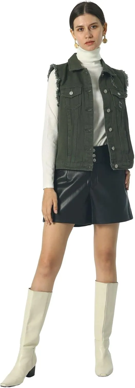 loveimgs Women's Fashion Sleeveless Regular Fit Lightweight Button Front Candy Color Ripped Denim Vest Jacket Pockets