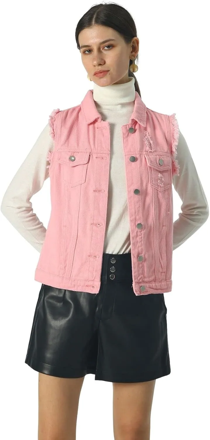 loveimgs Women's Fashion Sleeveless Regular Fit Lightweight Button Front Candy Color Ripped Denim Vest Jacket Pockets